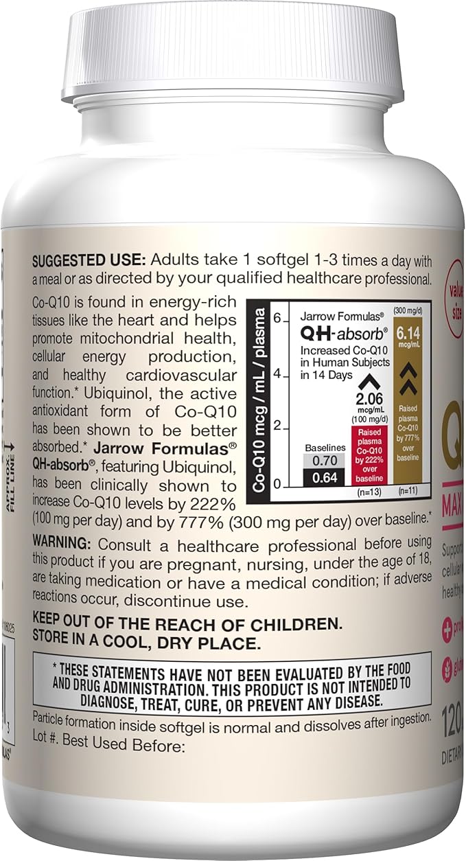 Jarrow Formulas QH-Absorb Ubiquinol 100mg - 120 Softgels - High Absorption & Active Antioxidant Form of Co-Q10 - Supports Mitochondrial Energy Production & Healthy Cardiovascular Function