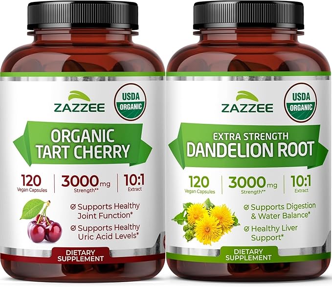 Zazzee Herbal Uric Acid Cleanse Bundle | USDA Organic Dandelion Root Extract Capsules Plus Super Concentrated 10:1 Organic Tart Cherry Extract Capsules | Non-GMO Vegan & ISO Lab Tested