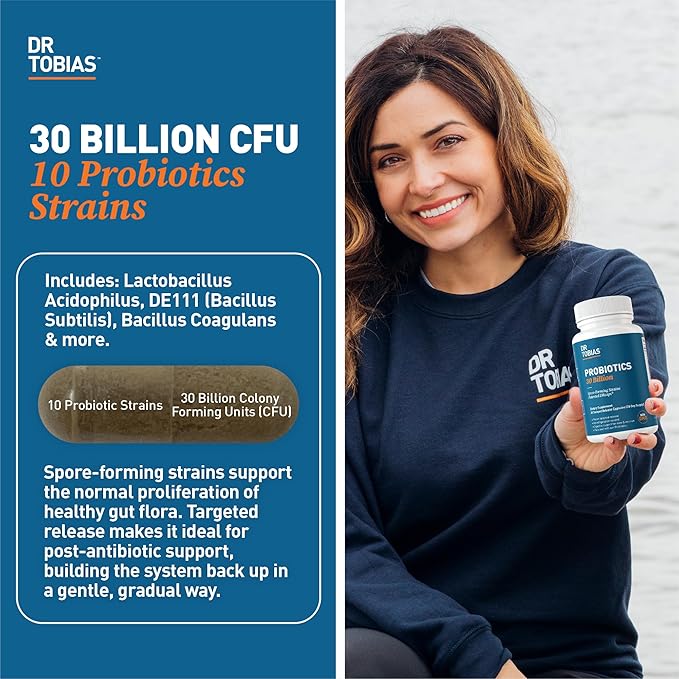 Dr. Tobias Probiotics 30 Billion, 10 Strains, 30 Billion CFU's, Targeted Release Probiotics for Women & Men, Supports Digestive Health, Shelf-Stable, Non-GMO, 60 Capsules, 60 Servings