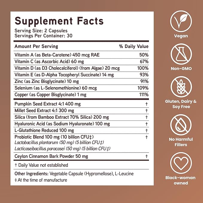Mela Daily Glow for Healthy Melanin-Rich Skin & Textured Hair – with Silica, Millet, Pumpkin Seed, Probiotics, Hyaluronic Acid & Vitamin D3 – Vegan, Biotin-Free, Gluten & Soy-Free – 60 Count