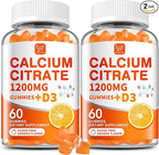 (2 Pack) Calcium Citrate 1200 mg with Vitamin D3 Gummies for Women & Men,Calcium Supplements for Bone & Teeth Support,High Absorption - Easy to Digest, Sugar Free,Vegan,Orange Flavor,60 Day Supply
