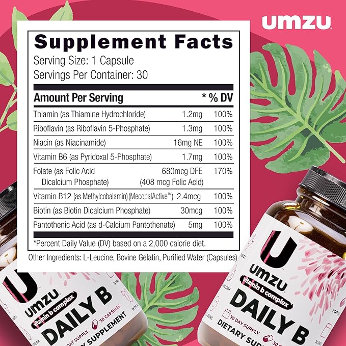 UMZU Daily B, 30 Day Supply – Complete Vitamin B Complex Supplement Blend with B1, B2, B3, B5, B6, B7, B9 & B12 Plus Folic Acid & Biotin – Supports Energy, Focus, Mood, Metabolism & Overall Wellness