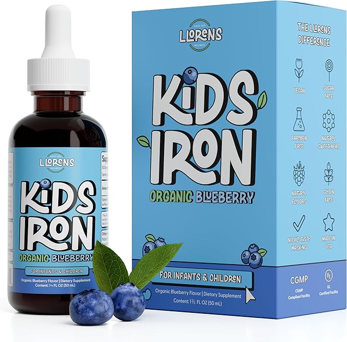 LLORENS PHARMACEUTICAL Kids Iron Supplement – Organic Blueberry Flavor – Iron Drops for Infants & Children – Sugar Free, Vegan, Gluten Free, No Artificial Flavors (1.7 oz, Organic Blueberry)