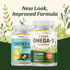 Omega 3 6 9 + DHA Gummies | Plant-Based Triple Omegas from Algae, Flaxseed & Safflower Oil | 50mg of DHA | Vegetarian, Non-GMO, Gluten-Free, Essential Fatty Acid Supplements for Adults | 60 Gummies