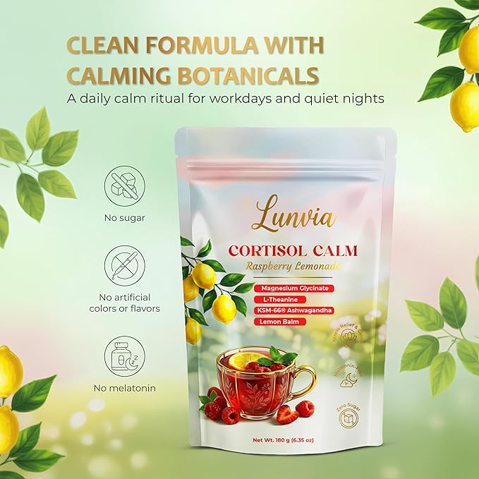 Cortisol Calm – Calm Magnesium Drink Mix for Relaxation & Daily Wind-Down, Magnesium Bisglycinate Powder with L-Theanine & Ashwagandha KSM-66, Raspberry Lemon, 30 Servings