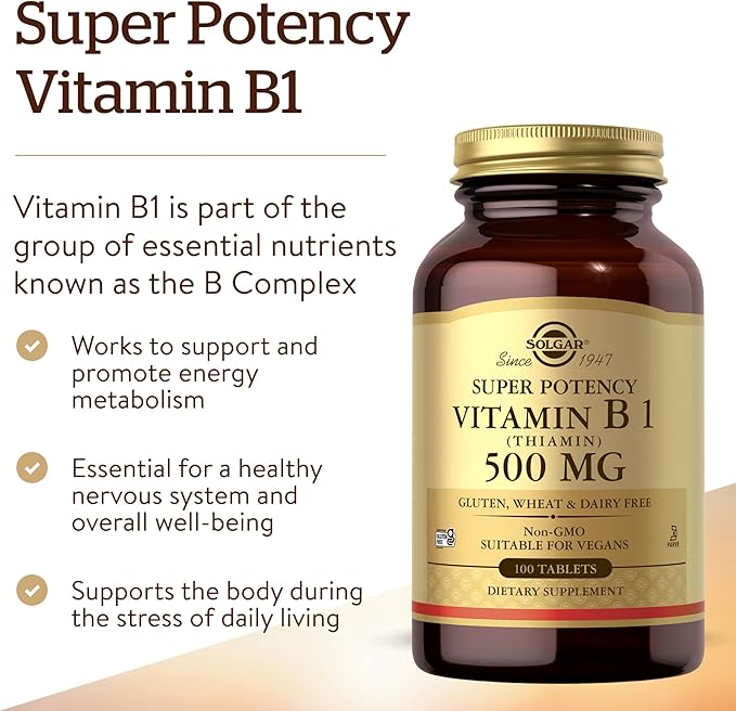 Solgar Vitamin B1 (Thiamin) 500 mg, 100 Tablets - Energy Metabolism, Healthy Nervous System, Overall Well-Being - Super Potency - Non-GMO, Vegan, Gluten Free, Dairy Free - 100 Servings, (Pack of 2)