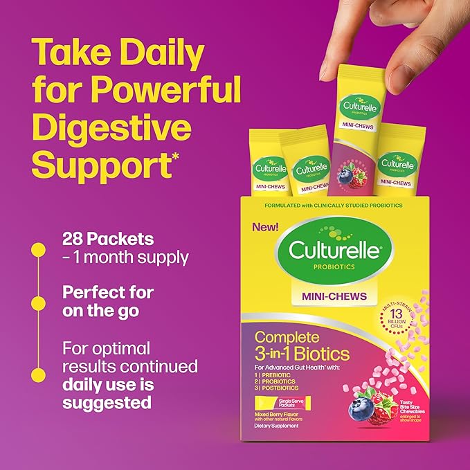 Culturelle® Complete 3-in-1 Biotics Mini-Chews Daily Probiotic for Digestive Health with Prebiotics and Postbiotics for Gut Balance, Mixed Berry Flavor, 28 Count