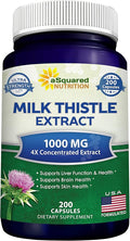 aSquared Nutrition Milk Thistle Supplement - 200 Capsules, Max Strength 4X Concentrated Extract 4:1 Milk Thistle Seed Powder Herb Pills, Silymarin Extract for Liver Support, Cleanse, Detox