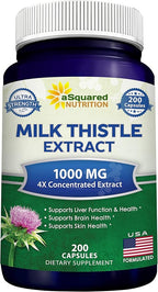 aSquared Nutrition Milk Thistle Supplement - 200 Capsules, Max Strength 4X Concentrated Extract 4:1 Milk Thistle Seed Powder Herb Pills, Silymarin Extract for Liver Support, Cleanse, Detox
