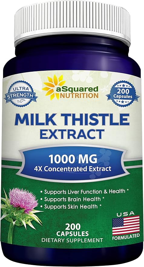 aSquared Nutrition Milk Thistle Supplement - 200 Capsules, Max Strength 4X Concentrated Extract 4:1 Milk Thistle Seed Powder Herb Pills, Silymarin Extract for Liver Support, Cleanse, Detox