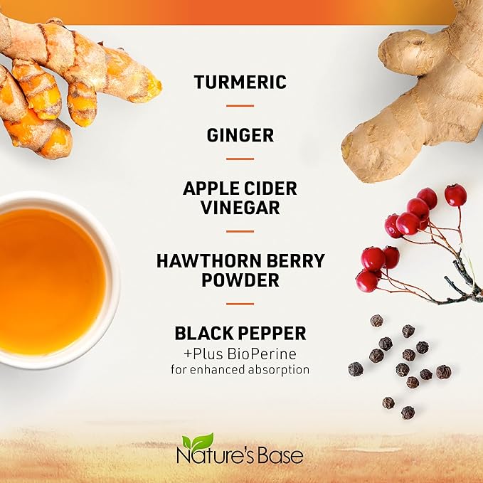 Nature's Base Turmeric and Ginger Supplement - with Curcumin, Apple Cider Vinegar & BioPerine Black Pepper Extract - 95% Curcuminoids - 60 Capsules