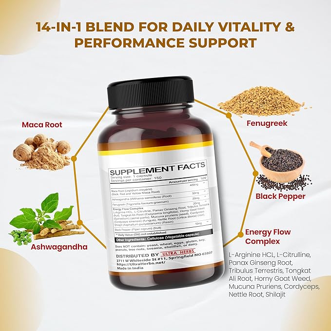 Peruana Maca Root Black, Red, Yellow | Maca Root Capsules Enhanced with Ginseng, Ashwagandha, Fenugreek | Support Stamina, Performance & Mood | 150 Capsules
