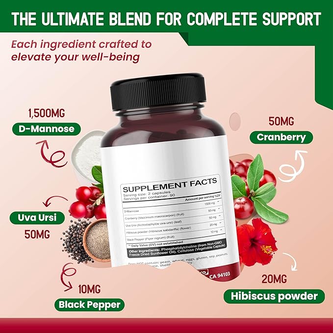 Liposomal D-Mannose Cranberry Supplement – 180 Capsules | Uva Ursi, Hibiscus, Black Pepper | Enhanced Absorption Formula | Non-GMO, Gluten-Free