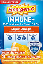 Emergen-C Immune+ Triple Action Immune Support Powder, BetaVia (R), 1000mg Vitamin C, B Vitamins, Vitamin D and Antioxidants, Super Orange – 30 Count