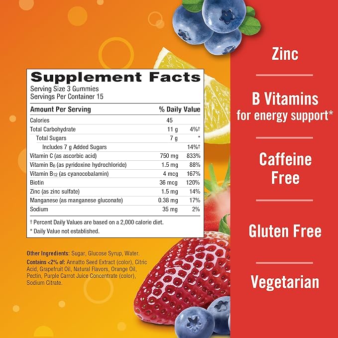 Emergen-C 750mg Vitamin C Gummies for Adults, Immune Support Gummies, Gluten Free, Strawberry, Lemon and Blueberry Flavors, Back to School Essentials - 45 Count