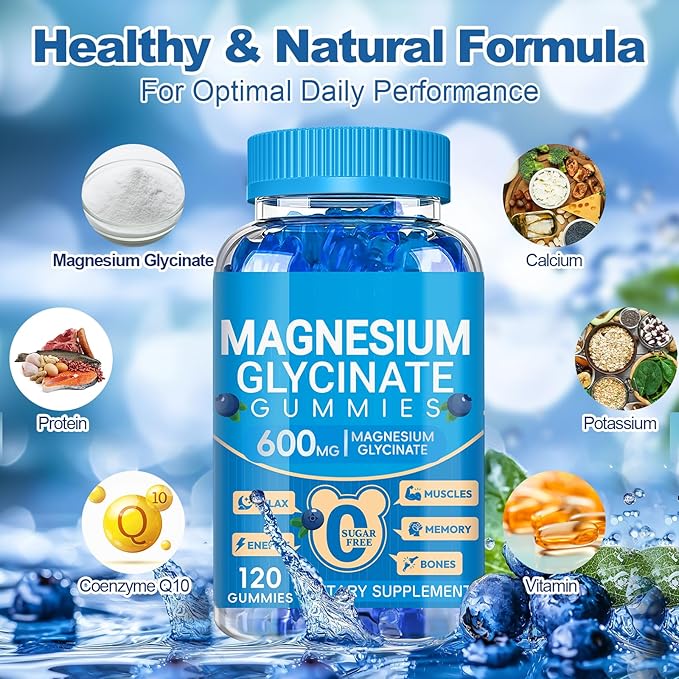 Magnesium Glycinate Gummies 600mg, Chewable Sugar Free Potassium Magnesium Gummies with Manganese Glycinate, Vitamin D, B6, and CoQ10 for Calm Support & Sleep for Adults, 60 Days Supply