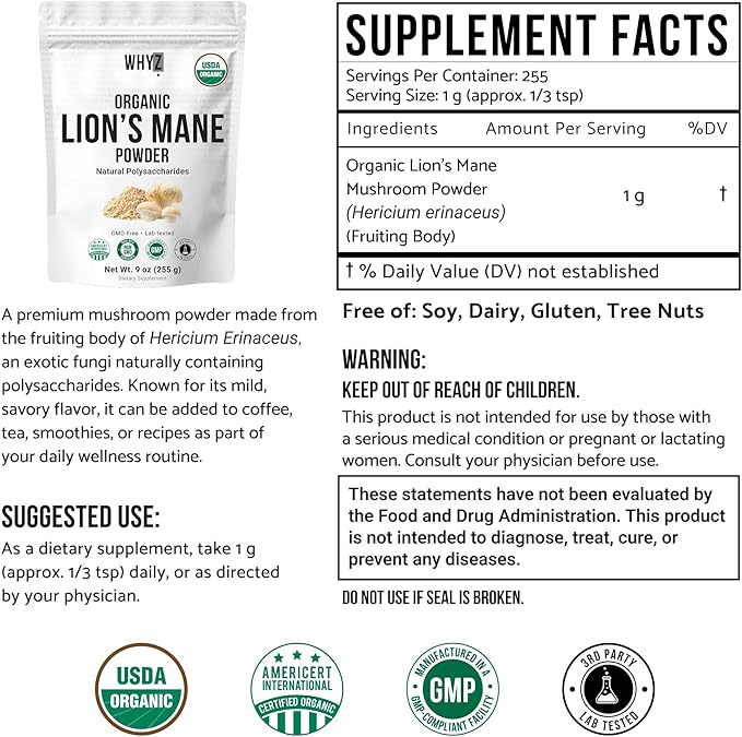 Organic Lion’s Mane Mushroom Powder Fruiting Body Superfood Freeze-Dried Unflavored Natural Polysaccharides for Smoothies Coffee Supports Brain Focus Energy Vegan Gluten-Free Non-GMO, 9 oz (255g)