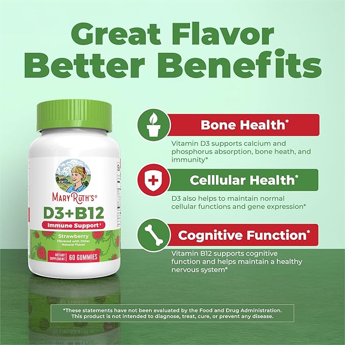 MaryRuth Organics Vegan Vitamin D3 + Vitamin B12 Gummies | 2 Month Supply | Supports Bone Health | Immune Support Supplement | Energy Supplements | Methyl B12 Vegan Non-GMO Gluten Free | 60 Servings