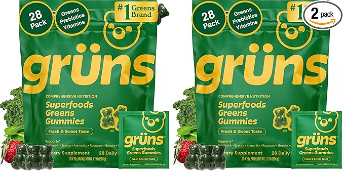 Gruns Adult Super Greens Multivitamin Gummies, Superfood Gummy Vitamins for Women and Men with Spirulina, Chlorella, Adaptogens & Prebiotic Fiber for Digestive Health (28 Count) (Pack of 2)