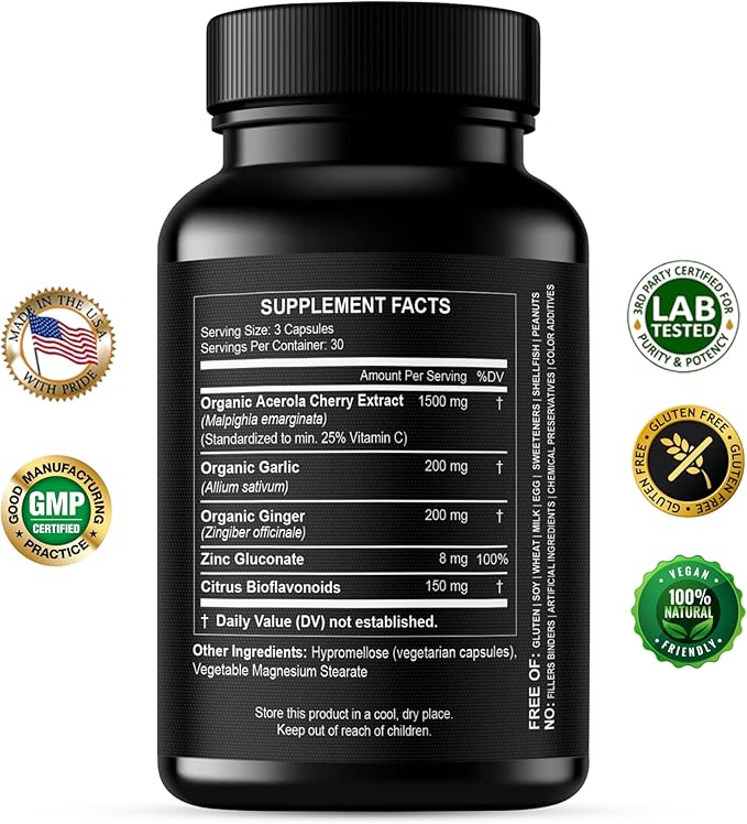 Natural Vitamin C from Organic Acerola Cherry - High Absorption - with Garlic Ginger & Citrus Bioflavonoids - Immune System & Collagen Booster - Anti Aging Skin Vitamins