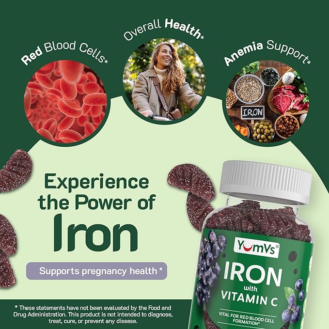 Iron Gummies Supplement with Vitamin C – 10 mg Iron Supplement – Great-Tasting Gummies Grape Flavor – Supports Immune Health & Helps with Iron Deficiency – Vegan, Kosher, Non-GMO – 60 Count