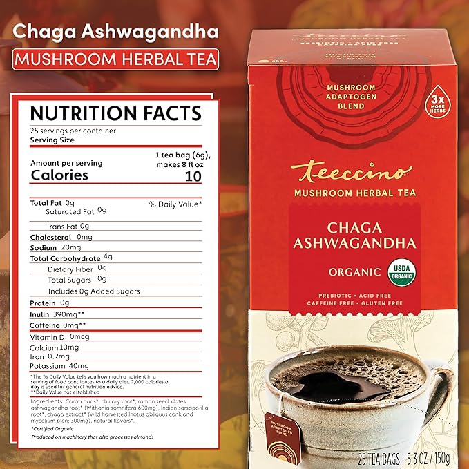 Teeccino Organic Mushroom Herbal Tea, Chaga Ashwagandha, Butterscotch Cream, Caffeine Free, 25 Tea Bags, 5.3 oz (150 g)