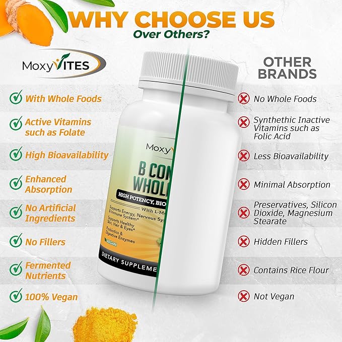 MoxyVites Vitamin B Complex - B Vitamins Whole Food Supplement, B12 Methylcobalamin, B1, B2, B3, B5, B6, B7, B9 - for Stress, Energy and Immune Support, Vegan, 120 Capsules