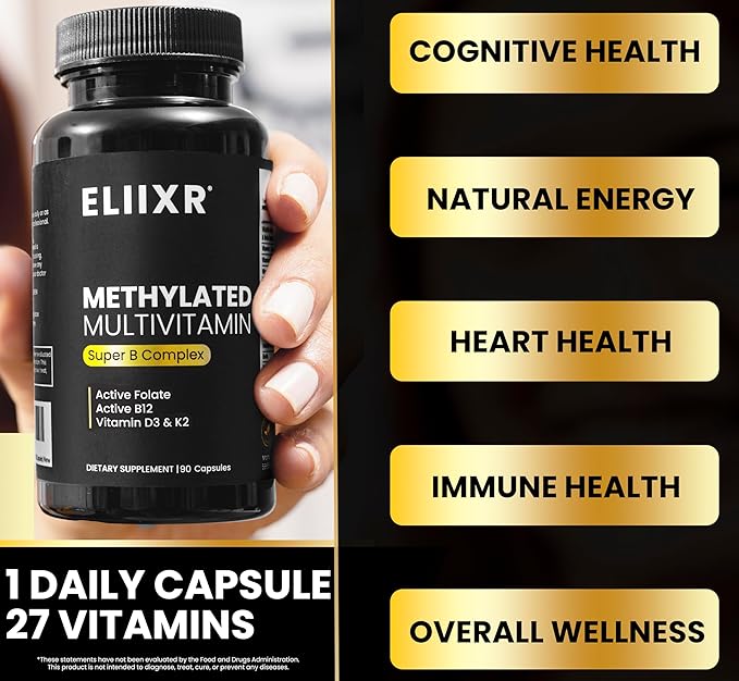 Eliixr Methylated Multivitamin, 3 Month Supply, 90 Capsules,1500 mcg of Active Folate, Methylated B12, Vitamin A, C, K2, D3, E, Choline, Biotin, ALA, CoQ10, B-Complex and More. Made in The USA
