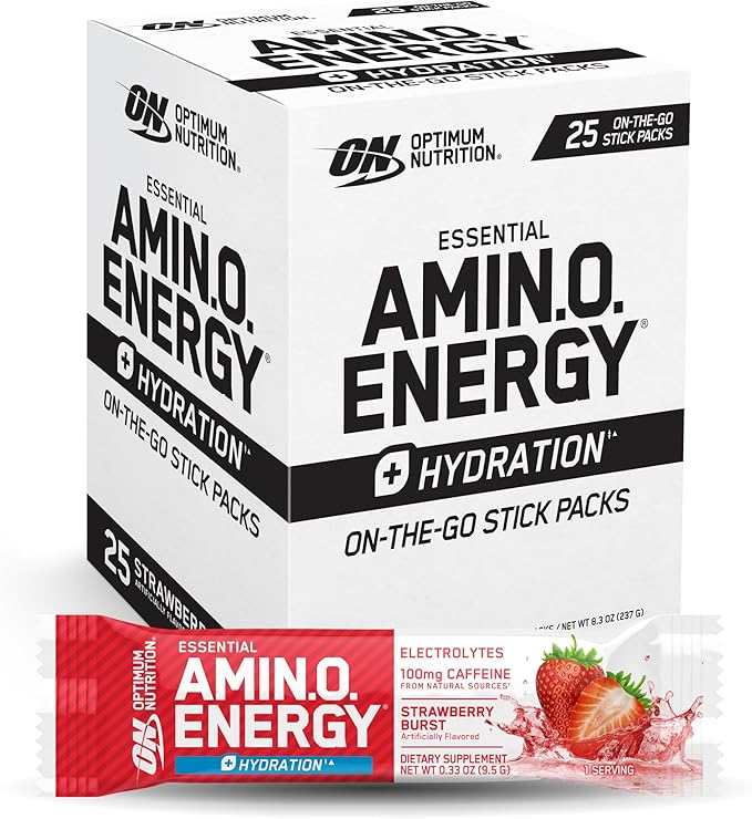 Optimum Nutrition Amino Energy Plus Hydration Packets, On-the-Go Energy Powder Stick Packs, Strawberry Burst, 25 Count