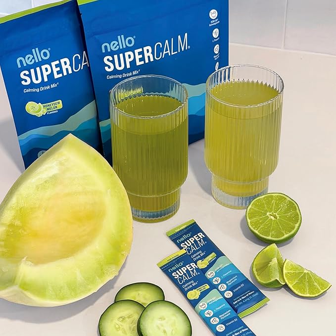 Nello Supercalm Powdered Drink Mix, Cortisol Reducer and Sleep Aid Supplement, L Theanine, Ksm-66 Ashwagandha, Magnesium Glycinate, Vitamin D 3, No Sugar, Non GMO, On The Go, 20 Ct, Honeydew Melon
