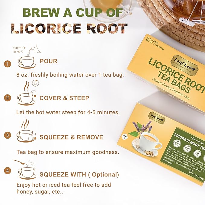 LeafLea 40 Premium Licorice Root Tea Bags, 100% Pure Licorice Spice Tea, Herbal Infusion to Digestive Comfort & Promote Respiratory Health, Te De Regaliz, Caffeine-Free, Sugar-Free, Soothing Flavor