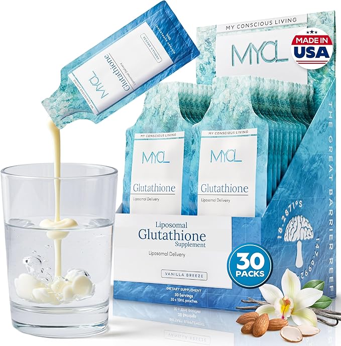 MYCL Liposomal Glutathione Supplement Squeeze Packs – Vitamin E and MCT Oil – Skin, Hair and Nail Health– High Absorption - Vanilla Almond – 30 Single-Serve Packets