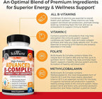 Vitamin B Complex with Vitamin C for Maximum Absorption - Methylcobalamin b12 & Folate Folic Acid Supplement - B1 B2 B3 B5 B6 B7 B9 for Immune Energy & Nervous System Support - Non-GMO, 120 count