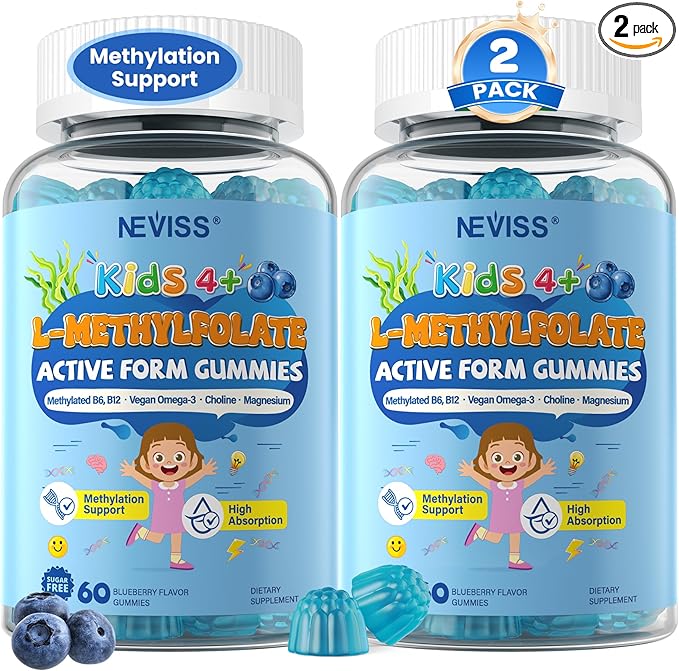 L Methylfolate 1000mcg for Kids Teens Gummies + Methyl B6 B12, Active 5-Mthf Methyl Folate, MTHFR Supplement w/ Choline Omega-3 Magnesium Zinc for Focus Cognition Mood Energy, Sugar Free, Vean, 120Cts