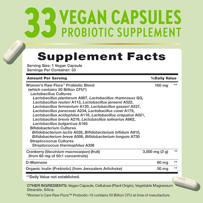 Probiotics for Women | 50 Billion CFU | 33 Capsules | with Cranberry and D-Mannose | Vegan, Non-GMO & Gluten Free Supplement