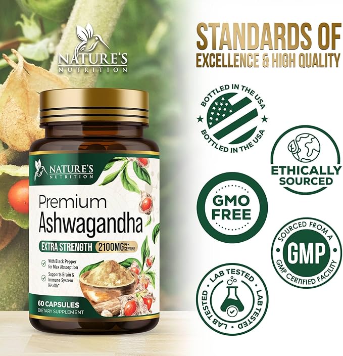 Ashwagandha Supplements - Premium Ashwagandha Capsule for Women & Men, Natural Antioxidant Support Ashwa Root Extract, Extra Strength Calm Support with Black Pepper, Vegan - USA Bottled - 60 Capsules