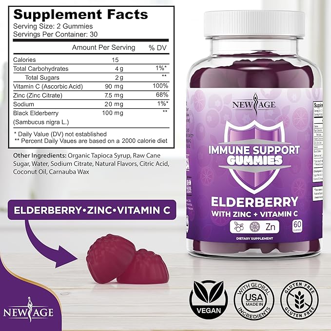 NEW AGE Immune System Support Gummies - Sambucus Black Elderberry Gummies with Vitamin C and Zinc (180 Count (Pack of 3))