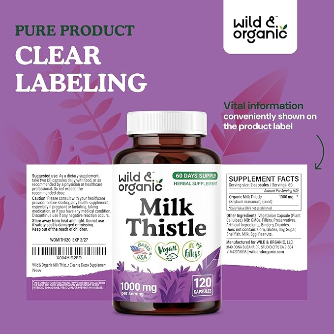 Wild & Organic Milk Thistle Capsules 1000mg - Liver Detox Cleanse - Silymarin Milk Thistle Supplement for Liver Support - 120 Vegan Capsules - 2-Month Supply - No Fillers, Non-GMO