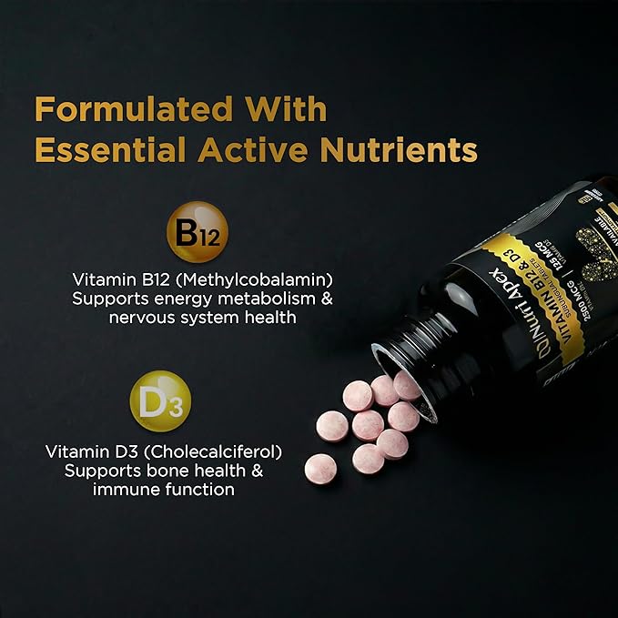 Vitamin B12 2500mcg + Vitamin D3 5000 IU (125mcg) Sublingual Tablets, 60 Count, Daily Energy & Bone Support, Lab Tested, Made in USA (60 Count (Pack of 1))
