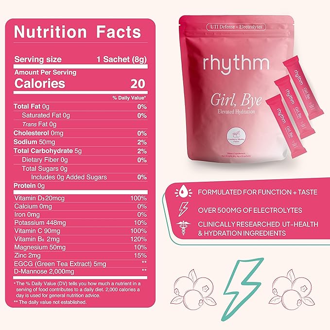 RHYTHM Girl, Bye | Fast-Acting Keto UTI Relief & Defense + Urinary Tract Health Drink Mix | pH Balancing | Workout & Intimacy | Essential Minerals (10 Travel Packs, Cranberry Medley)