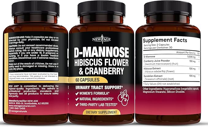 NEW AGE D-Mannose with Cranberry & Hibiscus - High Strength for Urinary Tract Health - Supplement for Women - Bladder, Liver & Microflora Support - Made in USA - Vegan, 180 Capsules