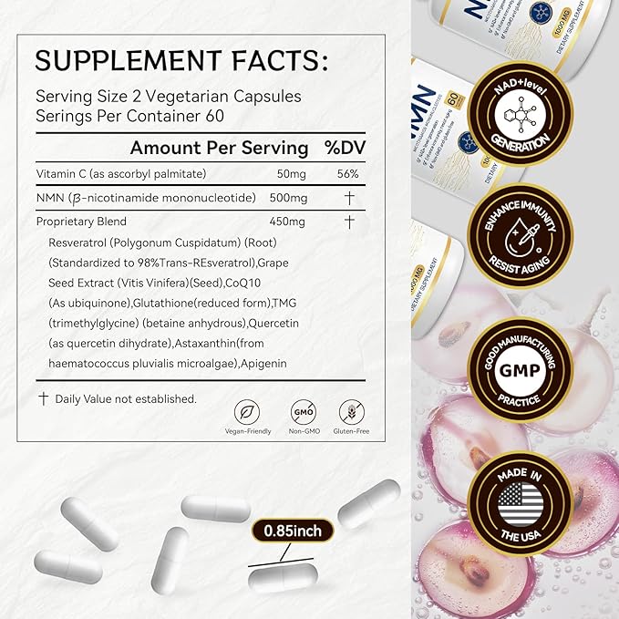 NMN Supplement 1000 mg - Used to delay Aging, Helps with Cell Regeneration, and Increases NAD+ Levels to Enhance Energy Metabolism. NAD Supplement 60 Capsules (30 portions)
