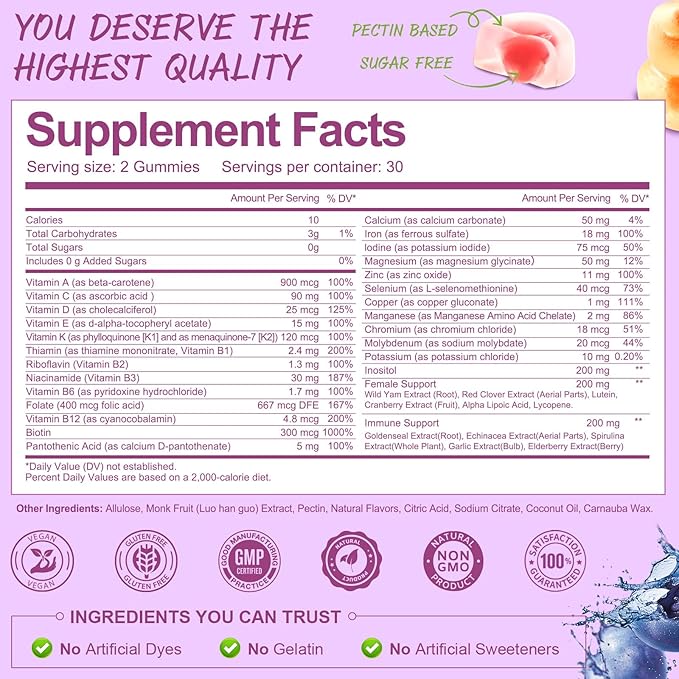 Totaria Sugar Free Multivitamin Gummies for Women 14+ w/Iron, Inositol, Folate, Biotin, Womens Daily Multivitamin Gummy w/Vitamin A, C, B, D3, K2, for Hair, Skin, Energy, Immune, Mixed Flavors