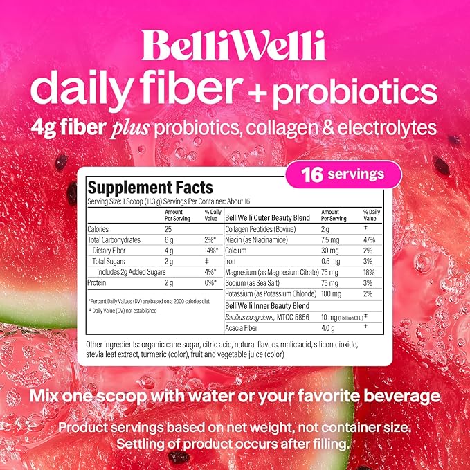 Belli Welli Fiber Supplement for Women & Men – Premium Daily Fiber Powder from Organic Acacia with Added Collagen, Electrolytes & Probiotics – No Bloat, Constipation & Gut Health Support (Watermelon)