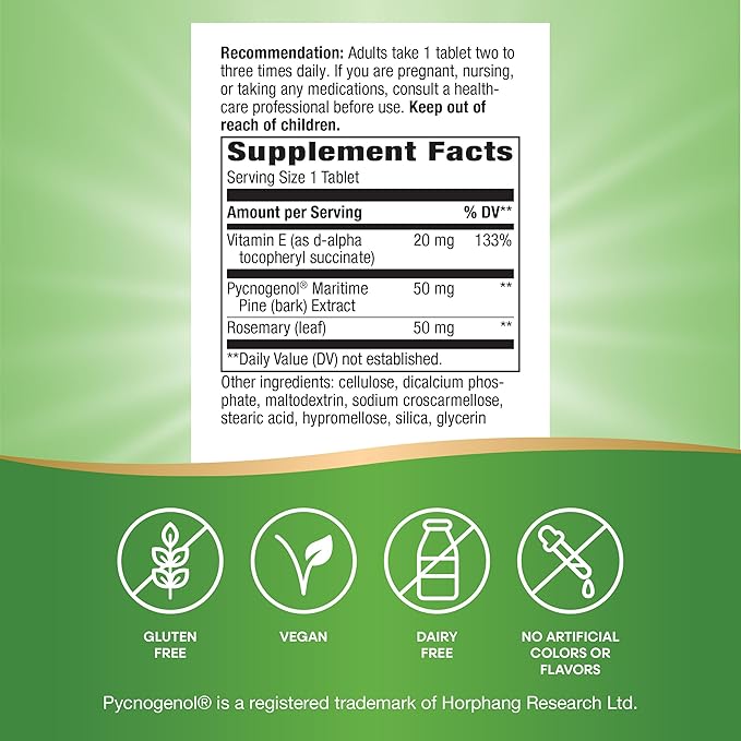 Nature's Way Pycnogenol Premium Blend, Promotes Healthy Circulation*, Antioxidant Support*, 50 mg per Serving, 30 Vegan Tablets (Packaging May Vary)