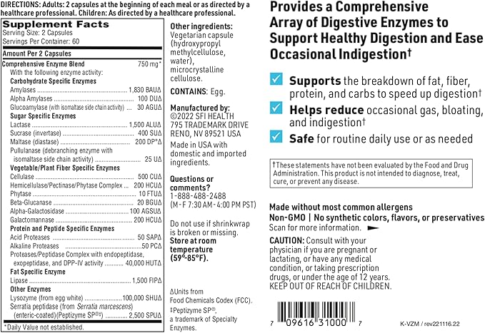 SFI Health Multi Enzyme Supplements for Digestive Health - Ther-Biotic Vital-Zymes Complete - Digestive Enzymes to Help Ease Indigestion & Aid Nutrient Absorption (120 Capsules)