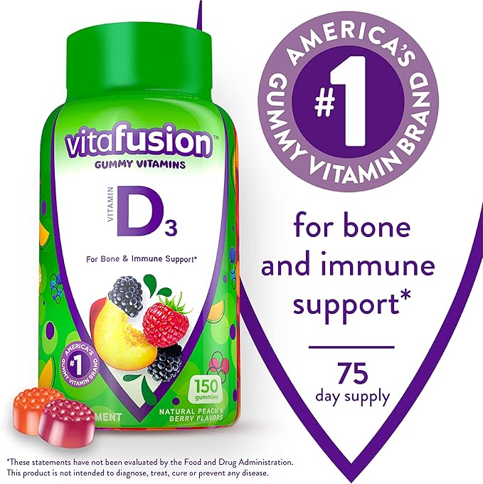 Vitafusion Fiber Well Sugar Free Fiber Supplement & Vitamin D3 Gummy Vitamins for Bone and Immune System Support, Peach, BlackBerry and Strawberry Flavored, 50 mcg Vitamin D, 75 Day Supply, 150 Count