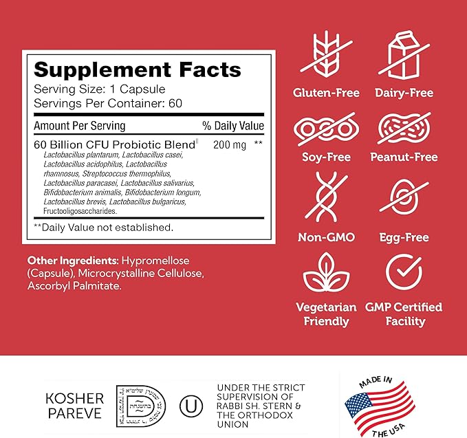Zahler BioDophilus60, 60 Billion CFU Probiotic + Prebiotic - 11 Strains Daily Probiotic Supplement - Kosher Probiotics for Women for Digestive Health, Probiotics for Men for Gut Health (60 Capsules)