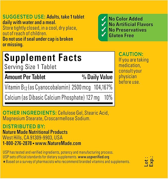 Nature Made Extra Strength Vitamin B12 2500 mcg, B12 Vitamins, Dietary Supplement for Energy Metabolism Support, 60 Tablets, 60 Day Supply