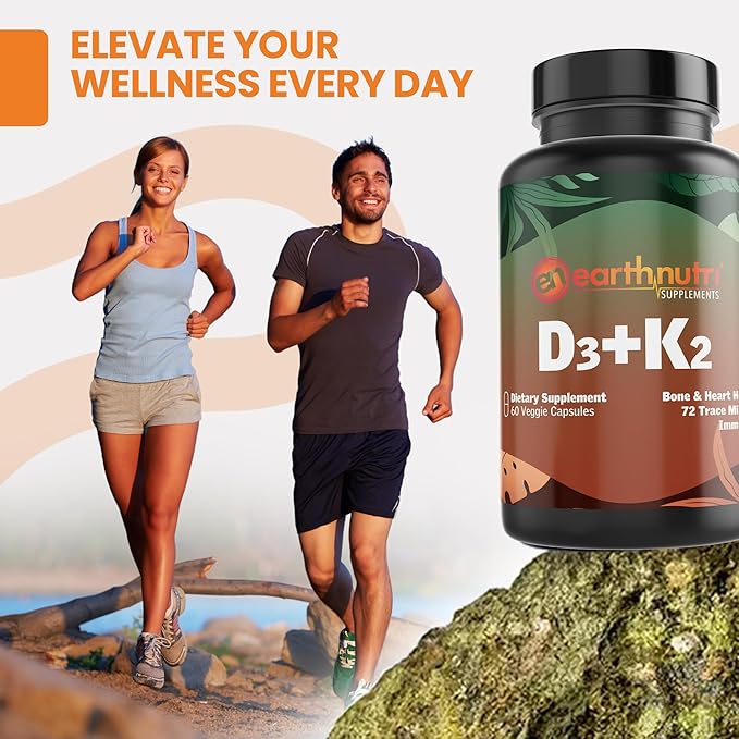 EarthNutri - Vitamin D3 Plus K2 Vitamin Supplement 5000 IU – Includes K2 from MENA Q7, D3 from Vitashine, Calcium from Aquamin & 72 Trace Minerals – for Immune, Bone & Heart Health - Non-GMO